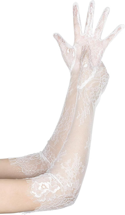 Women's Long Lace Floral Gloves Mesh Tulle Sheer Wedding Elbow Length Opera Party Costume Gloves