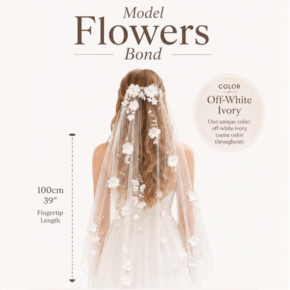 Fingertip Bridal Veil with 3D Flowers and Pearls, Ivory Wedding Veil for Bride, Soft Tulle Floral Veil