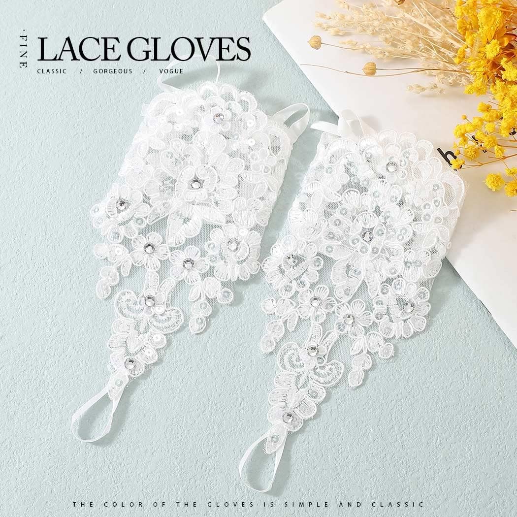 Bride Wedding Short Lace Gloves White Fingerless Rhinestone Gloves Bridal Gloves Accessories for Women