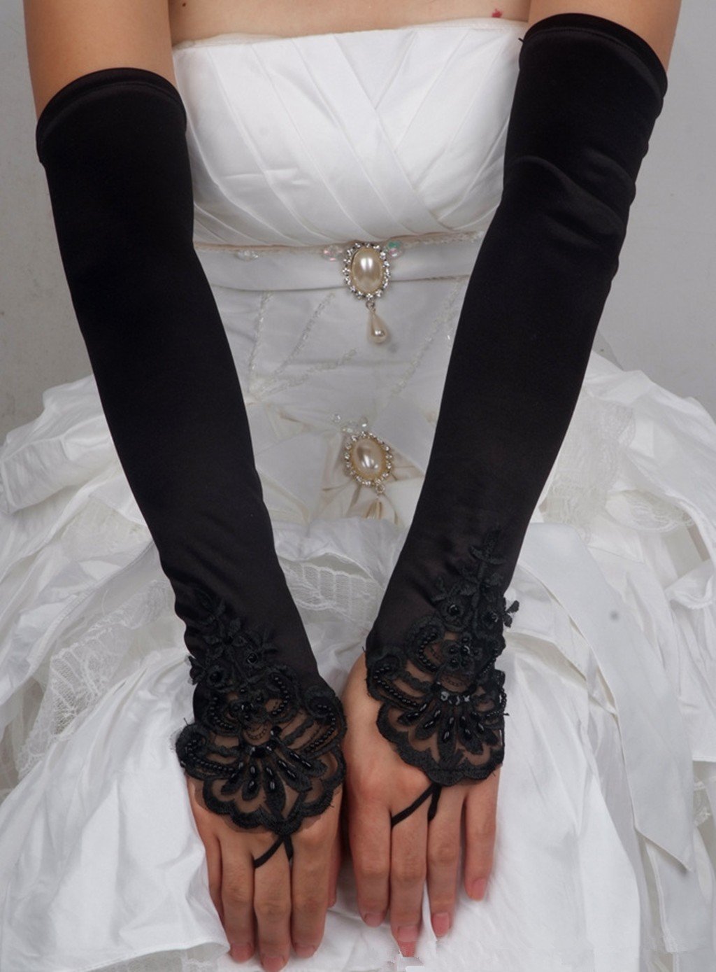 DreamHigh Satin Lace Fingerless Elbow Length Wedding/Party/Evening Gloves