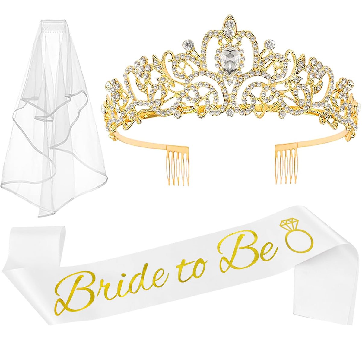 JETKONG 3 Pcs Bachelorette Party Decorations Bridal Shower Crown, Bride to Be Sash&Veil for Women Bachelorette Party Gifts, Bachelorette Party Supplies, Gifts, Favors (Silver)