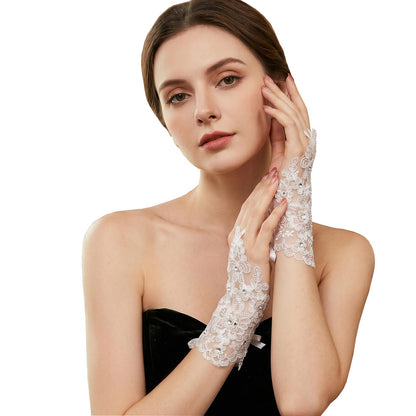 Fingerless Lace Gloves for Women - 1 Pair White Pearl Floral Bridal Wedding Cosplay Prom Party Accessories, One Size