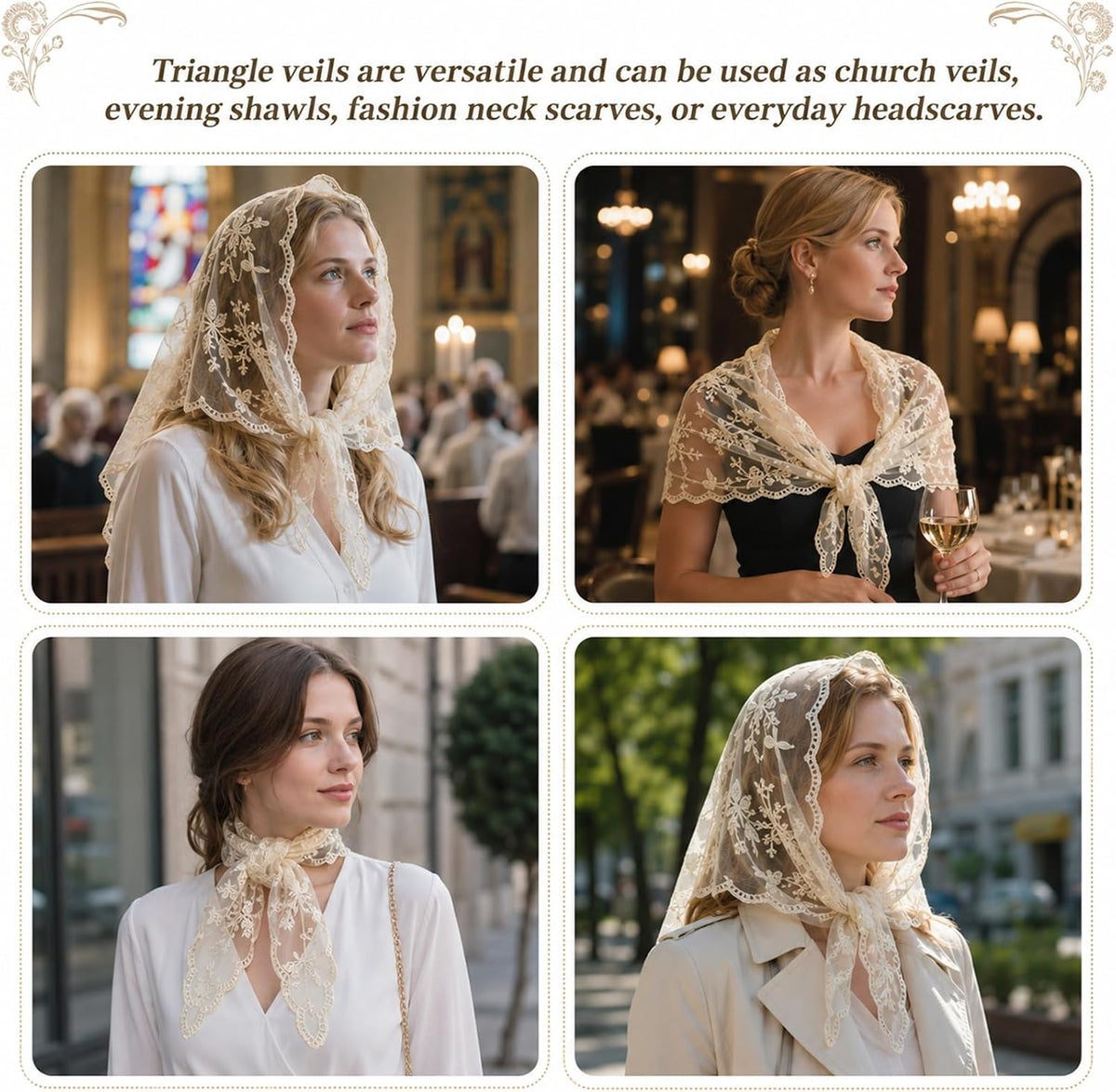 Triangle Veil Mass Mantilla Veils with Lace Edge for Church Wedding