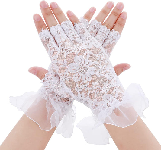 Yolev Lace Fingerless Gloves - Short Bridal Lace Floral Gloves for Wedding Dinner Parties