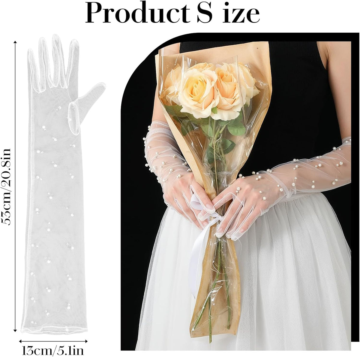 Pearl Long Wedding Gloves Women’s Tulle Bridal Gloves Sheer White Finger Long Bridal Sleeves, Opera Prom Evening Party Costumes for Women