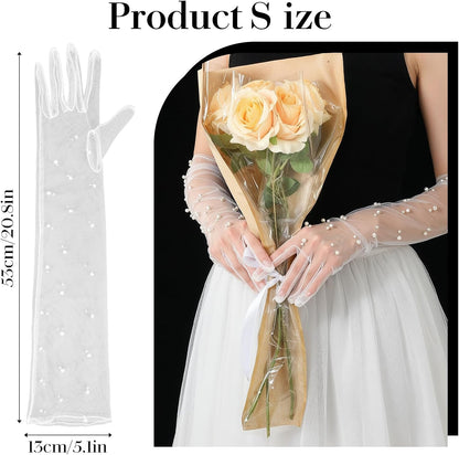 Pearl Long Wedding Gloves Women’s Tulle Bridal Gloves Sheer White Finger Long Bridal Sleeves, Opera Prom Evening Party Costumes for Women