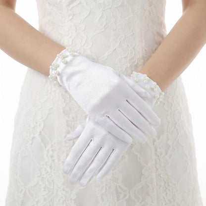 Elegant Satin Gloves Tea Party Gloves Wrist Pearl Dress Glove Women's Pearl Wedding Bridal Glove, Short White Glovess for Women