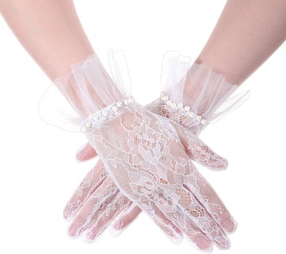 Short White Lace Gloves, Mitten Bride Lace Gloves with Pearls for Wedding, Tulle Bridal Glove for Women Tea Party, Engagement, Wedding, Costume Accessories