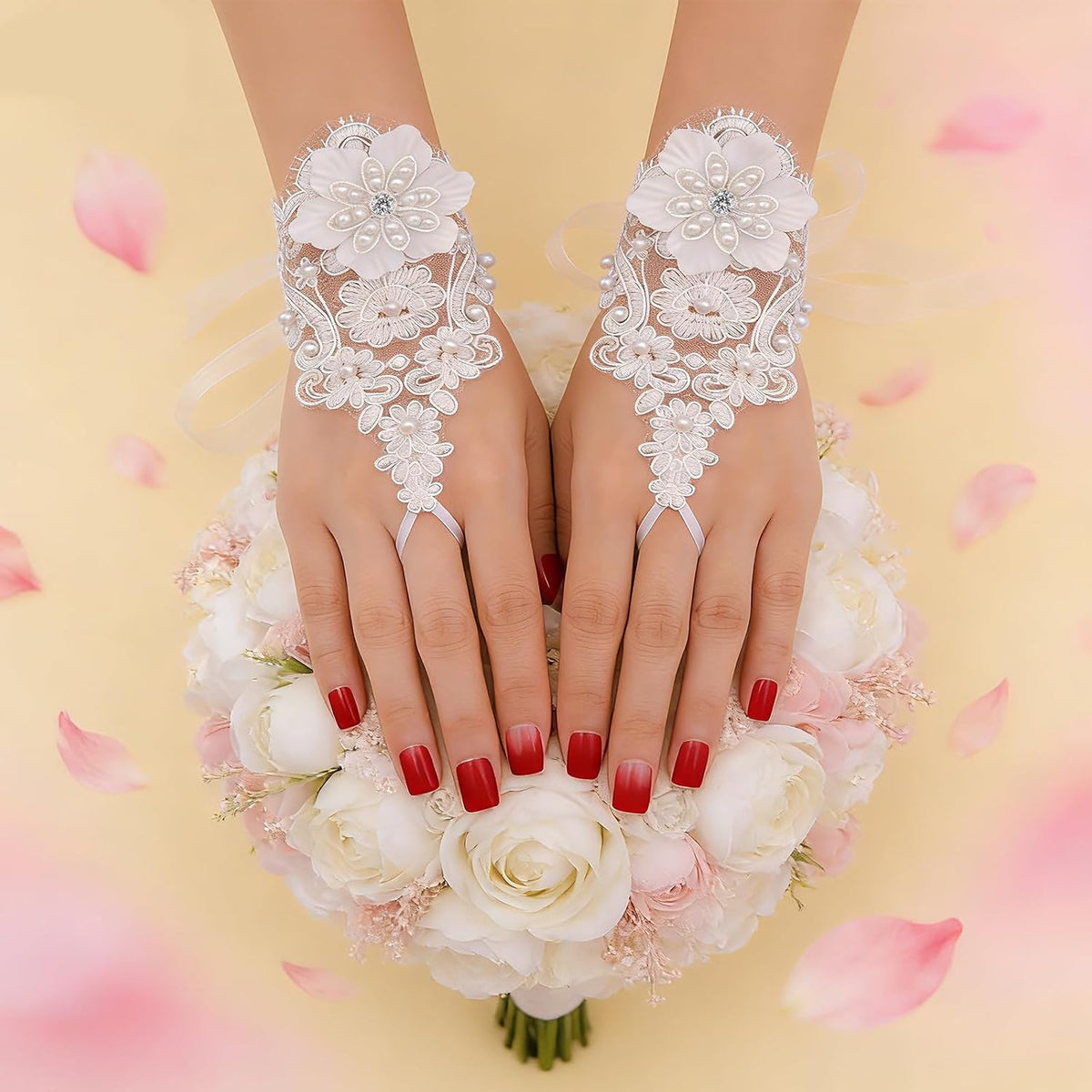 Fingerless Lace Gloves for Women - 1 Pair White Pearl Floral Bridal Wedding Cosplay Prom Party Accessories, One Size