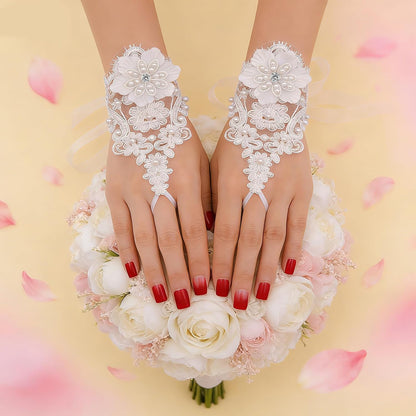 Fingerless Lace Gloves for Women - 1 Pair White Pearl Floral Bridal Wedding Cosplay Prom Party Accessories, One Size