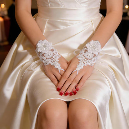Fingerless Lace Gloves for Women - 1 Pair White Pearl Floral Bridal Wedding Cosplay Prom Party Accessories, One Size