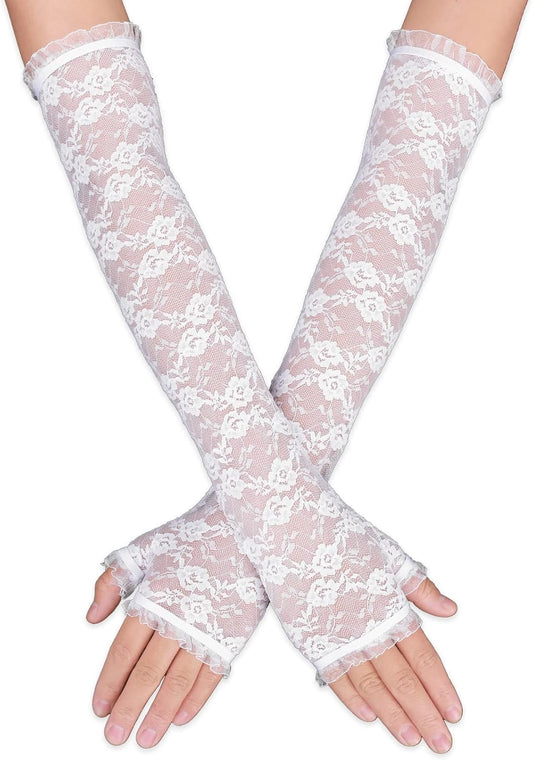 Yolev Women's Long Lace Fingerless Gloves Bridal Elbow Length Gloves Long Lace Floral Gloves for Wedding Opera Tea Party