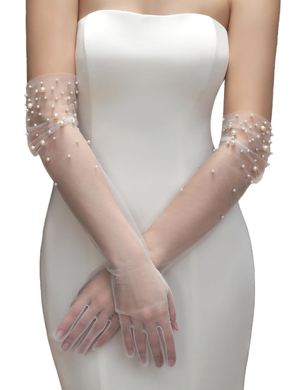 Long Pearl Wedding Gloves Tulle Bridal Gloves Sheer Long Bridal Sleeves Opera Prom Party Costumes for Women