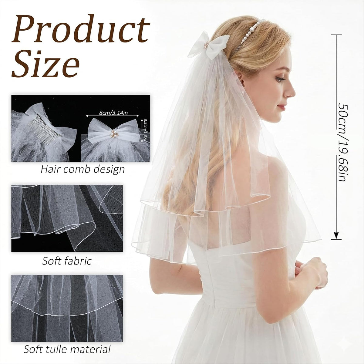 White Short Wedding Veil, Bride Veil Pearl Bride Veils with Bow 20''Short White Bachelorette Veils Wedding Accessories