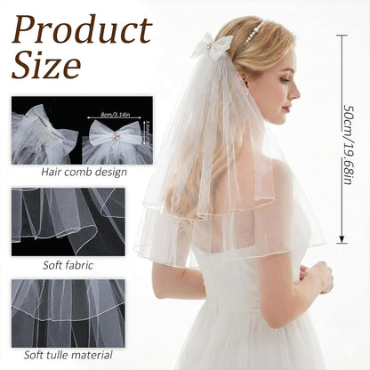 White Short Wedding Veil, Bride Veil Pearl Bride Veils with Bow 20''Short White Bachelorette Veils Wedding Accessories