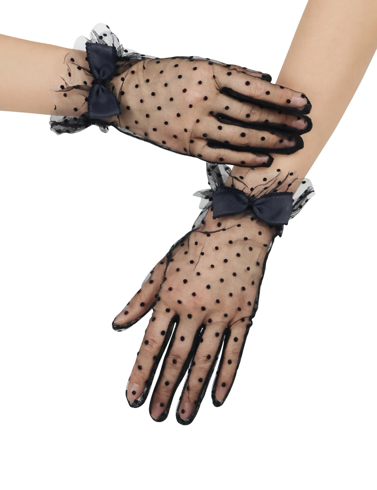 Short Polka Dot Lace Gloves Bow Mesh Tea Party Gloves for Women