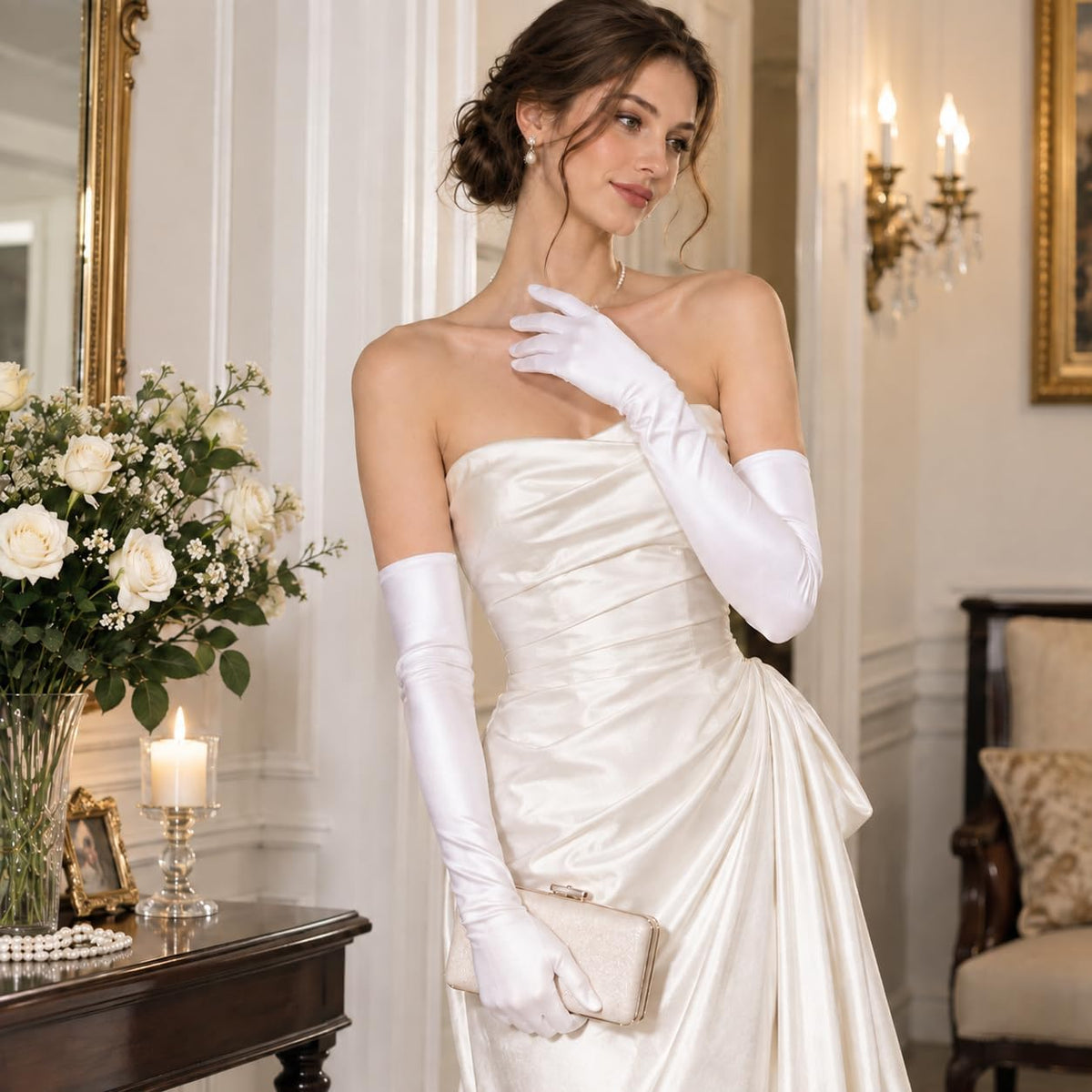 Long Opera Satin Gloves for Women Costume Elbow Length 1920s Dress, 21 inch