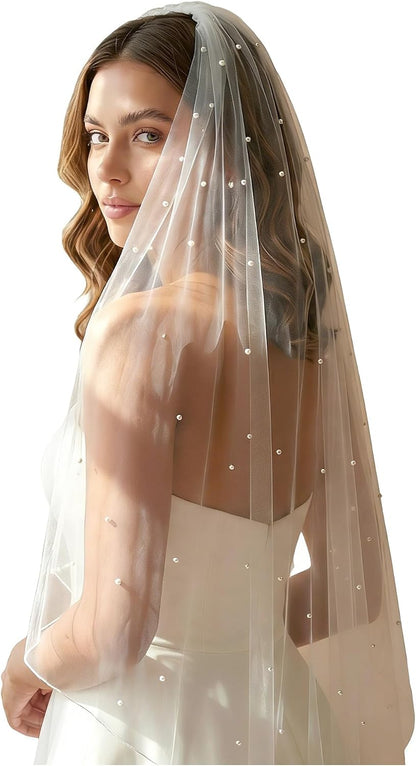 JEWSUN Pearls Bridal Veil Wedding Veil 1 Tier with Tulle-Wrapped Metal Comb Pencil Edge