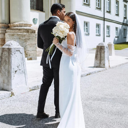 1 Tier Wedding Veil Fingertip Length with Pearls Beaded Edge