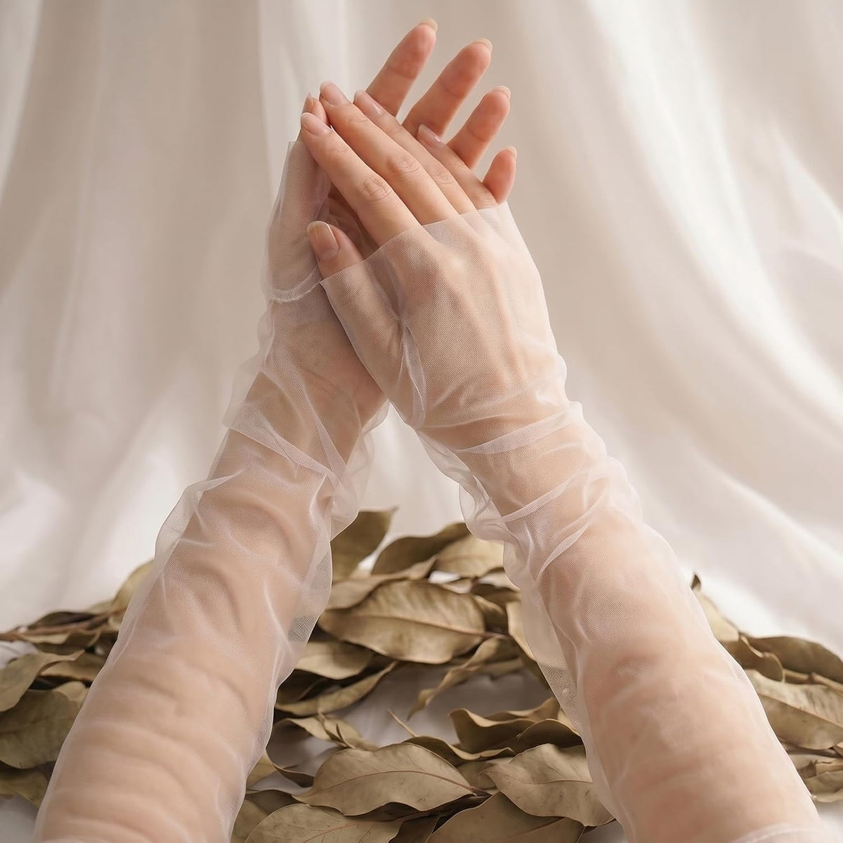 Women's Long Ruched Fingerless Gloves, White Sheer Tulle Mesh Pearl Bridal Opera Gloves for Wedding Party Prom