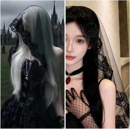 Black Lace Veil, Vintage Gothic Bridal Veil for Halloween, Wedding, Party, Cosplay Costume