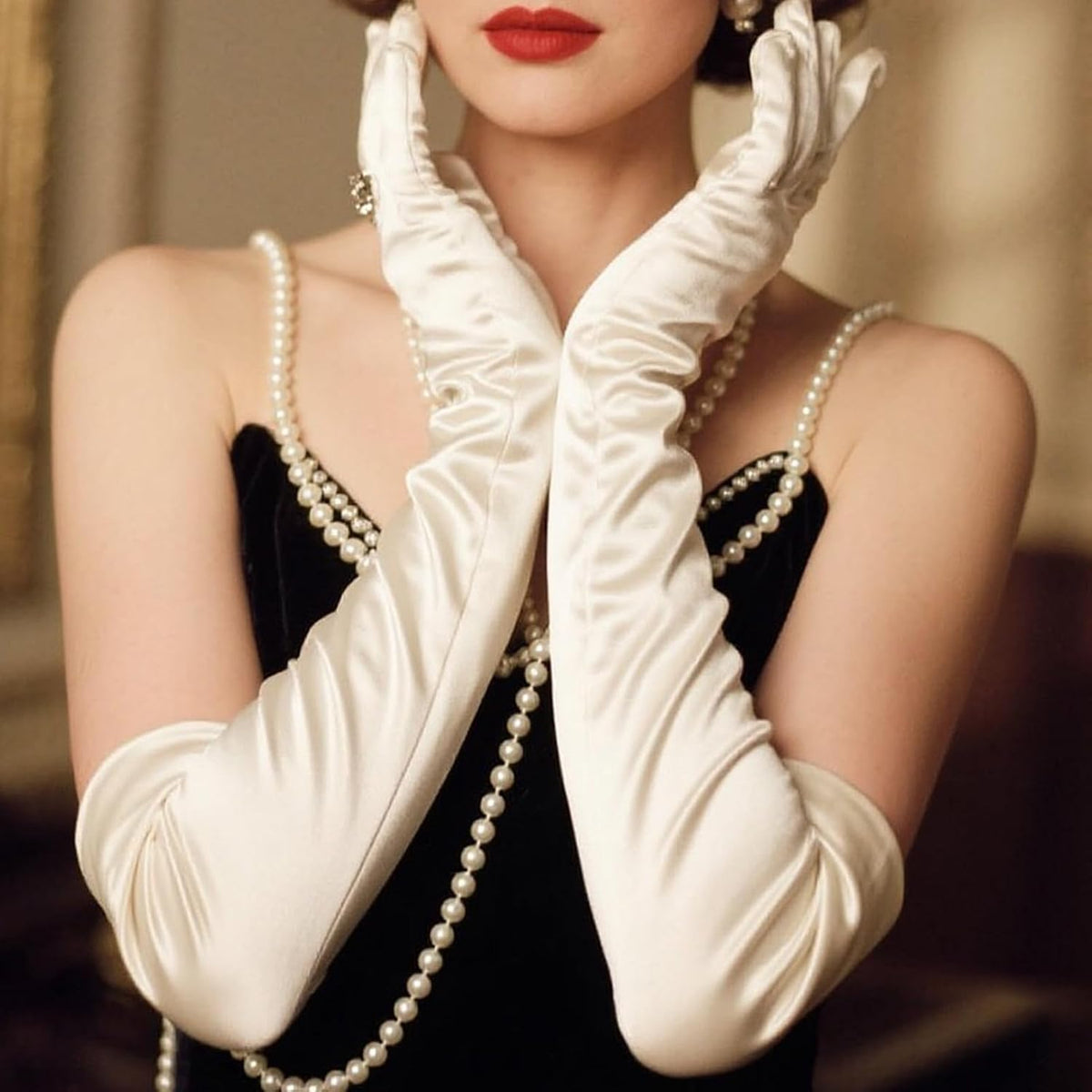 THARAHT Women Long Gloves with Satin Elbow Length for 1920s Opera Tea Party Costumes Bridal Evening Dress