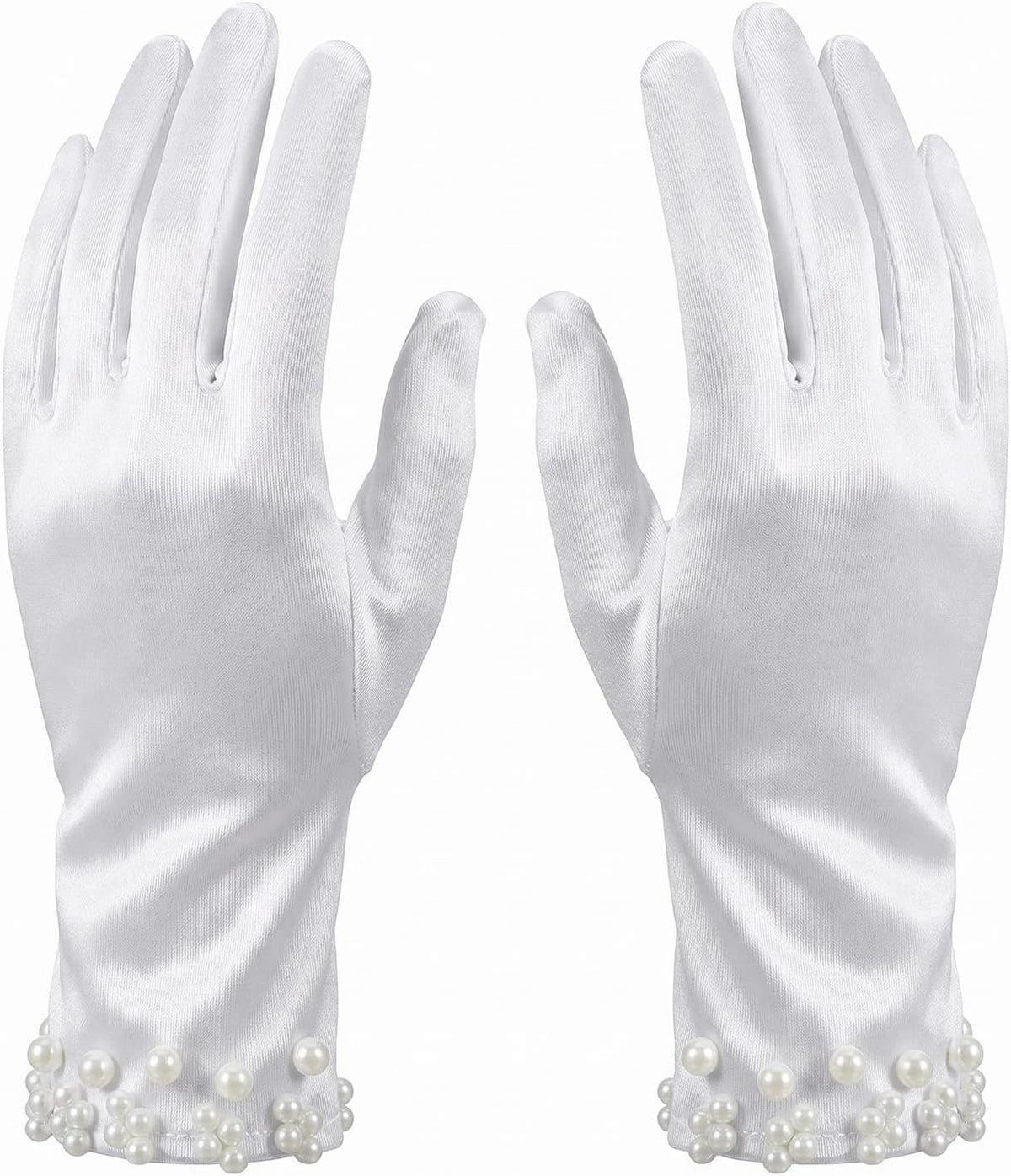 Elegant Satin Gloves Tea Party Gloves Wrist Pearl Dress Glove Women's Pearl Wedding Bridal Glove, Short White Glovess for Women