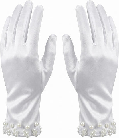 Elegant Satin Gloves Tea Party Gloves Wrist Pearl Dress Glove Women's Pearl Wedding Bridal Glove, Short White Glovess for Women