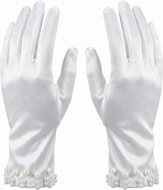 Elegant Satin Gloves Tea Party Gloves Wrist Pearl Dress Glove Women's Pearl Wedding Bridal Glove, Short White Glovess for Women