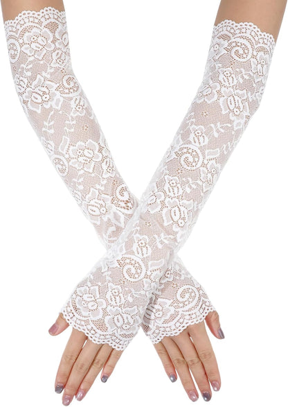 Fingerless White Lace Gloves for Women Elbow Length Lace Arm Sleeves Elegant Long Floral Laces Fingerless Gloves for Dance Party Tea Party Cosplay 20s Accessories Evening Wedding Dinner Bridal