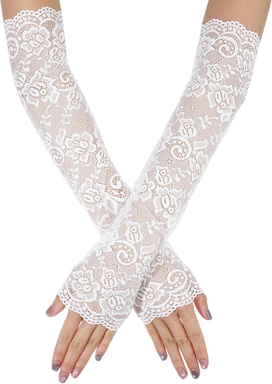 Fingerless White Lace Gloves for Women Elbow Length Lace Arm Sleeves Elegant Long Floral Laces Fingerless Gloves for Dance Party Tea Party Cosplay 20s Accessories Evening Wedding Dinner Bridal