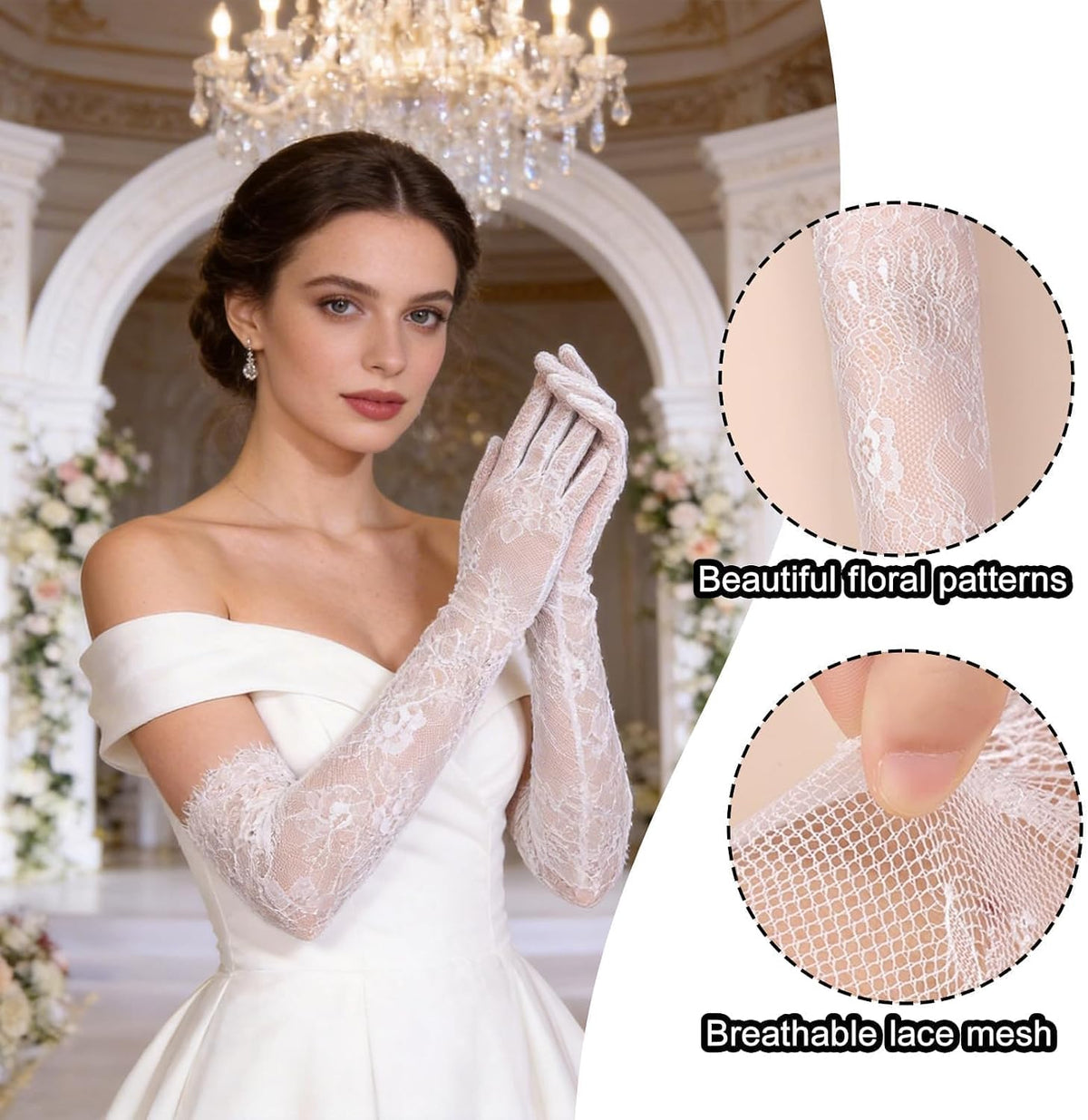 White Lace Floral Elbow Length Gloves for Women Bridal Wedding
