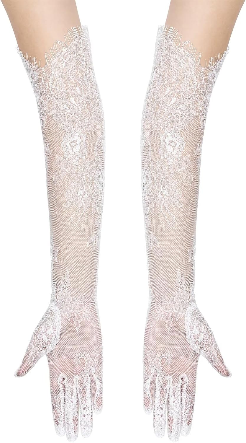 Women's Long Lace Floral Gloves Mesh Tulle Sheer Wedding Elbow Length Opera Party Costume Gloves