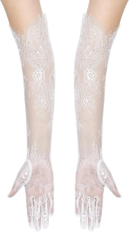 Women's Long Lace Floral Gloves Mesh Tulle Sheer Wedding Elbow Length Opera Party Costume Gloves