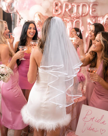 2 Tier White Bridal Veil with white binding