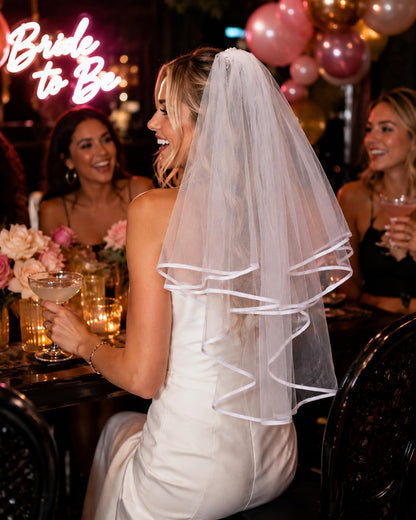 2 Tier White Bridal Veil with white binding