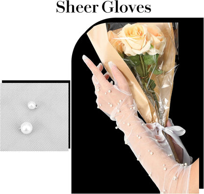 Pearl Long Wedding Gloves Women’s Tulle Bridal Gloves Sheer White Finger Long Bridal Sleeves, Opera Prom Evening Party Costumes for Women