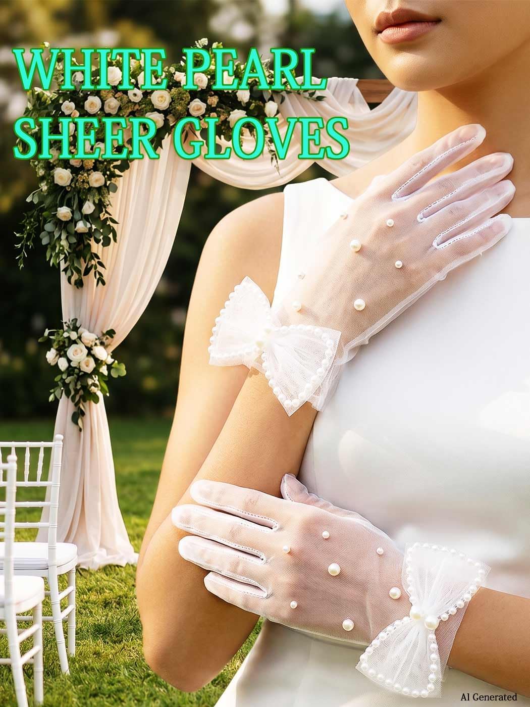 White Pearl Sheer Gloves Tea Party Tulle Bridal Bow Glove for Women