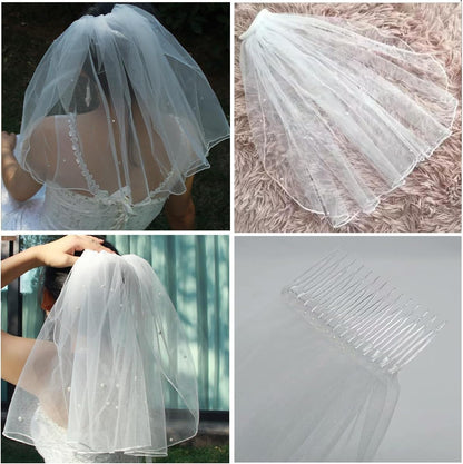 Bridal Wedding Pearl Veil 1 Tier Short Vails with Rhinestone for Bride