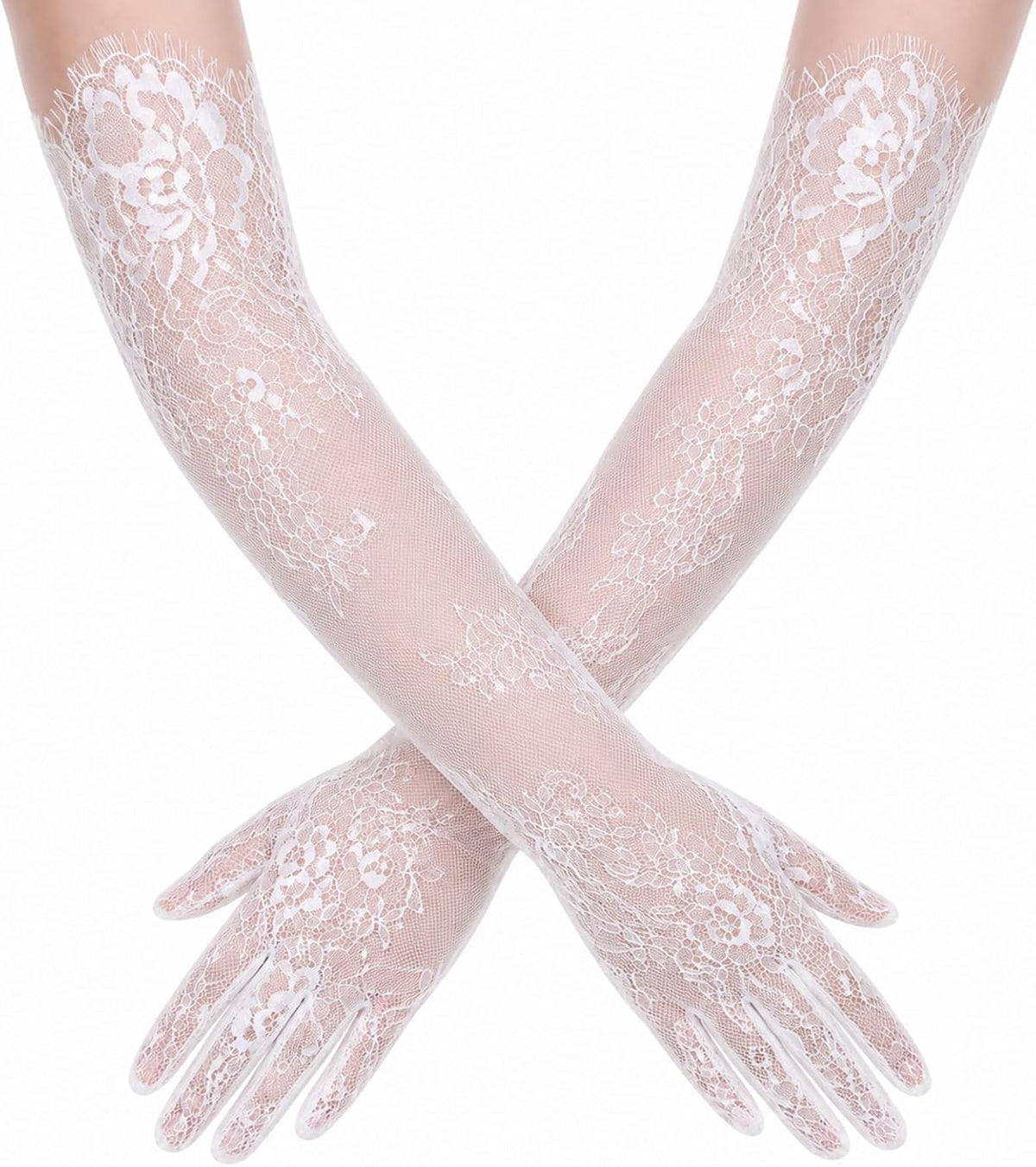 Lace Gloves Women, Floral Elbow Mesh Tulle Sheer Wedding Gloves