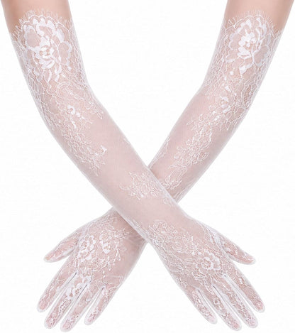 Lace Gloves Women, Floral Elbow Mesh Tulle Sheer Wedding Gloves