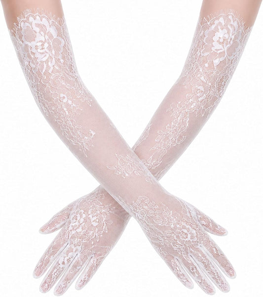 Lace Gloves Women, Floral Elbow Mesh Tulle Sheer Wedding Gloves
