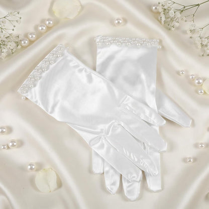AHQiZFX White Satin Gloves for Women, Wedding Pearl Gloves for Bridal 1920s Glove for Wedding Dance Dress Opera Dinner Tea Party