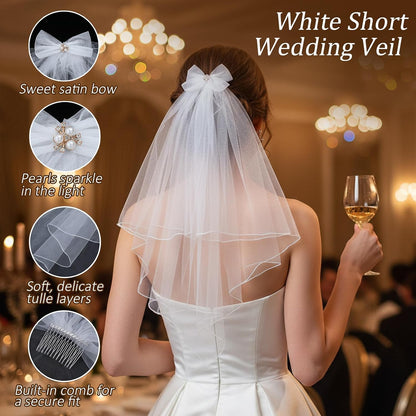 White Short Wedding Veil, Bride Veil Pearl Bride Veils with Bow 20''Short White Bachelorette Veils Wedding Accessories