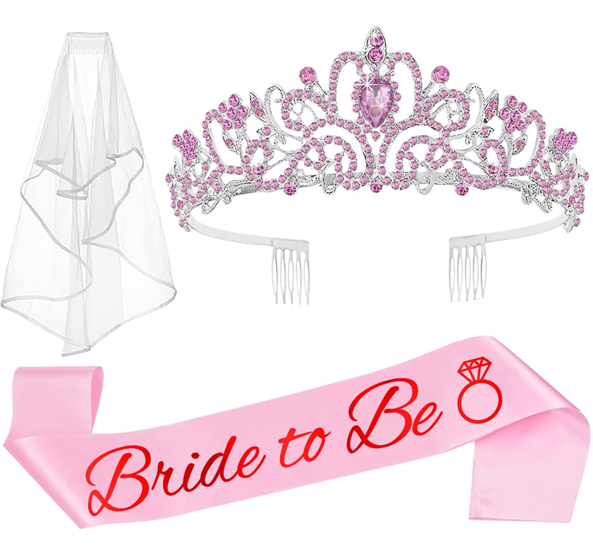 JETKONG 3 Pcs Bachelorette Party Decorations Bridal Shower Crown, Bride to Be Sash&Veil for Women Bachelorette Party Gifts, Bachelorette Party Supplies, Gifts, Favors (Silver)
