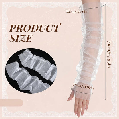 Women's Long Ruched Fingerless Gloves, White Sheer Tulle Mesh Pearl Bridal Opera Gloves for Wedding Party Prom