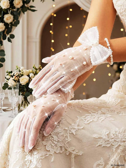 White Pearl Sheer Gloves Tea Party Tulle Bridal Bow Glove for Women