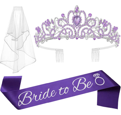 JETKONG 3 Pcs Bachelorette Party Decorations Bridal Shower Crown, Bride to Be Sash&Veil for Women Bachelorette Party Gifts, Bachelorette Party Supplies, Gifts, Favors (Silver)