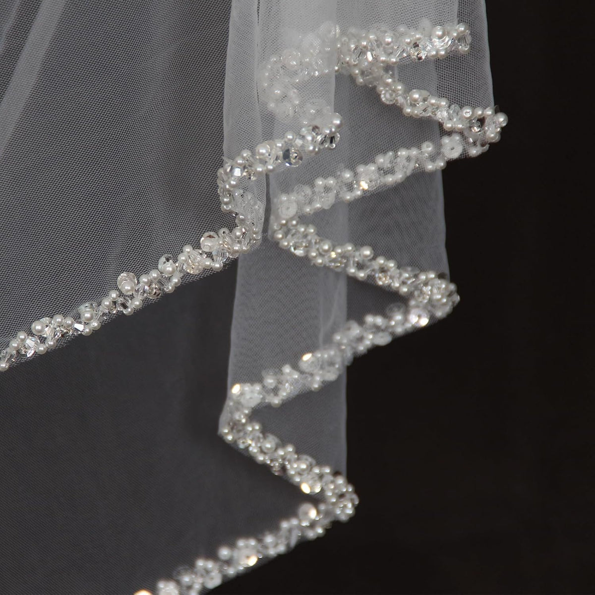 1 Tier Wedding Veil Fingertip Length with Pearls Beaded Edge