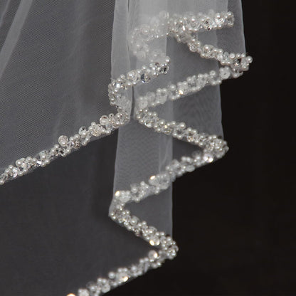 1 Tier Wedding Veil Fingertip Length with Pearls Beaded Edge